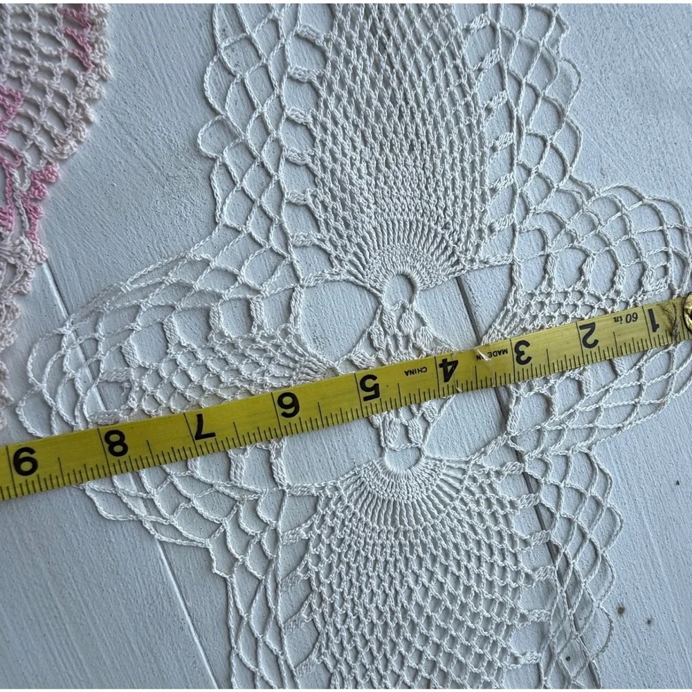 Vintage Hand Crochet Lace Doilies Lot Pink White Floral Table Linens 3pc Set
